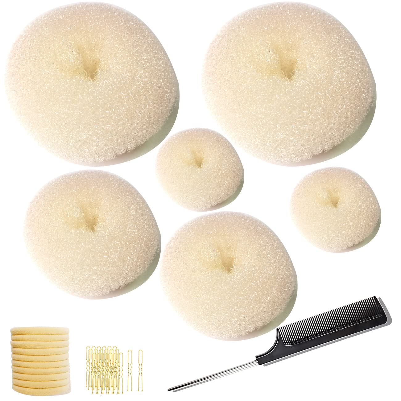 MeetFavorite Hair Bun Maker，Donut Bun Maker，Hair Bun Shaper Set ( 2 large, 2 medium and 2 small) ，10pieces Hair Elastic Bands, Hair Pins, (Golden)