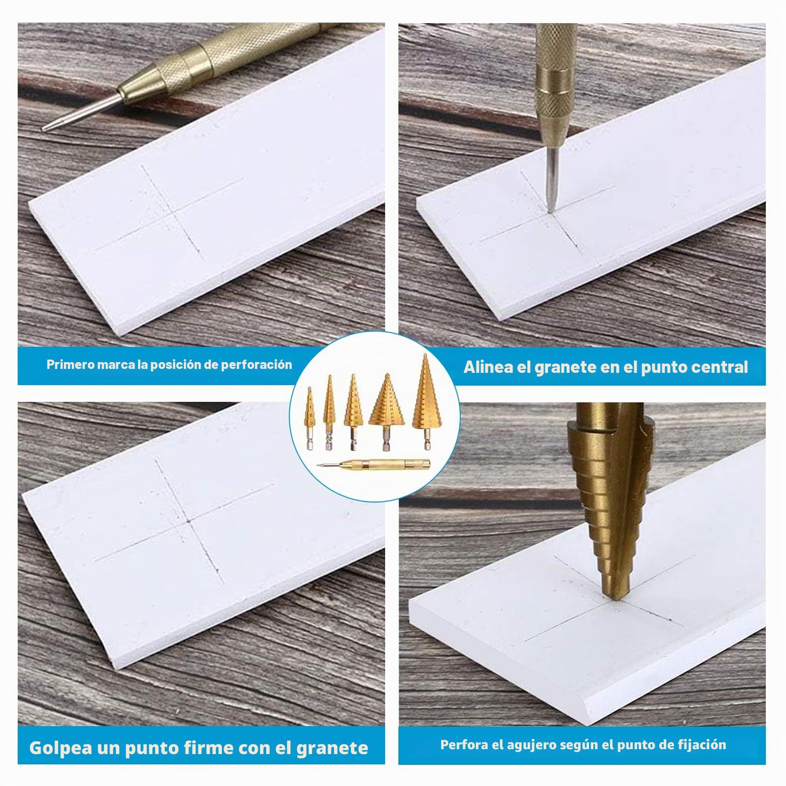 Genossen Broca Escalonada, 5pcs Brocas Cónicas HSS Titanio,（4-12mm, 3-13mm, 4-20mm, 4-32mm, 5-35mm）+1 perforadora central automática, acero de alta velocidad, revestimiento de titanio, para DIY madera