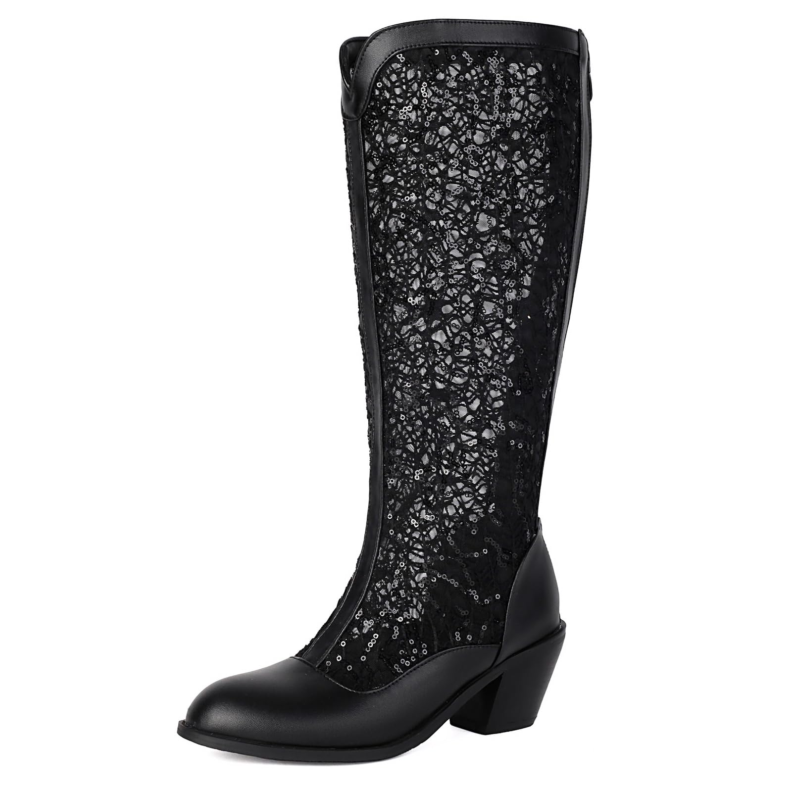 Botas Estilo Callejero hasta La Rodilla De Malla De Encaje Tacón De Bloque Cremallera Trasera Punta Redonda Botas De Moda Zapatos Casuales Ropa Urbana Y Atuendo Diario