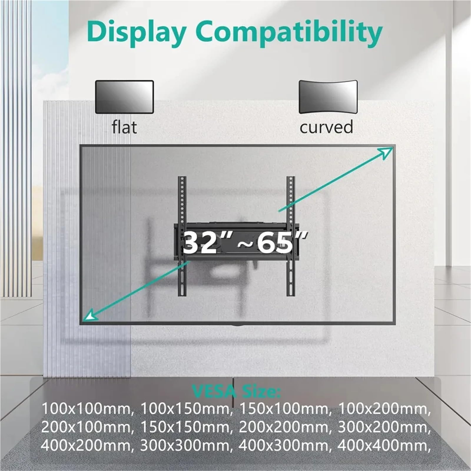 Staffa TV, Staffa TV Supporto Fisso Per Montaggio A Parete Per Per Monitor Inclinato Di ±15° Da 32-65 Pollici VESA 400 X Mm, Carico 45 Kg per lo schermo