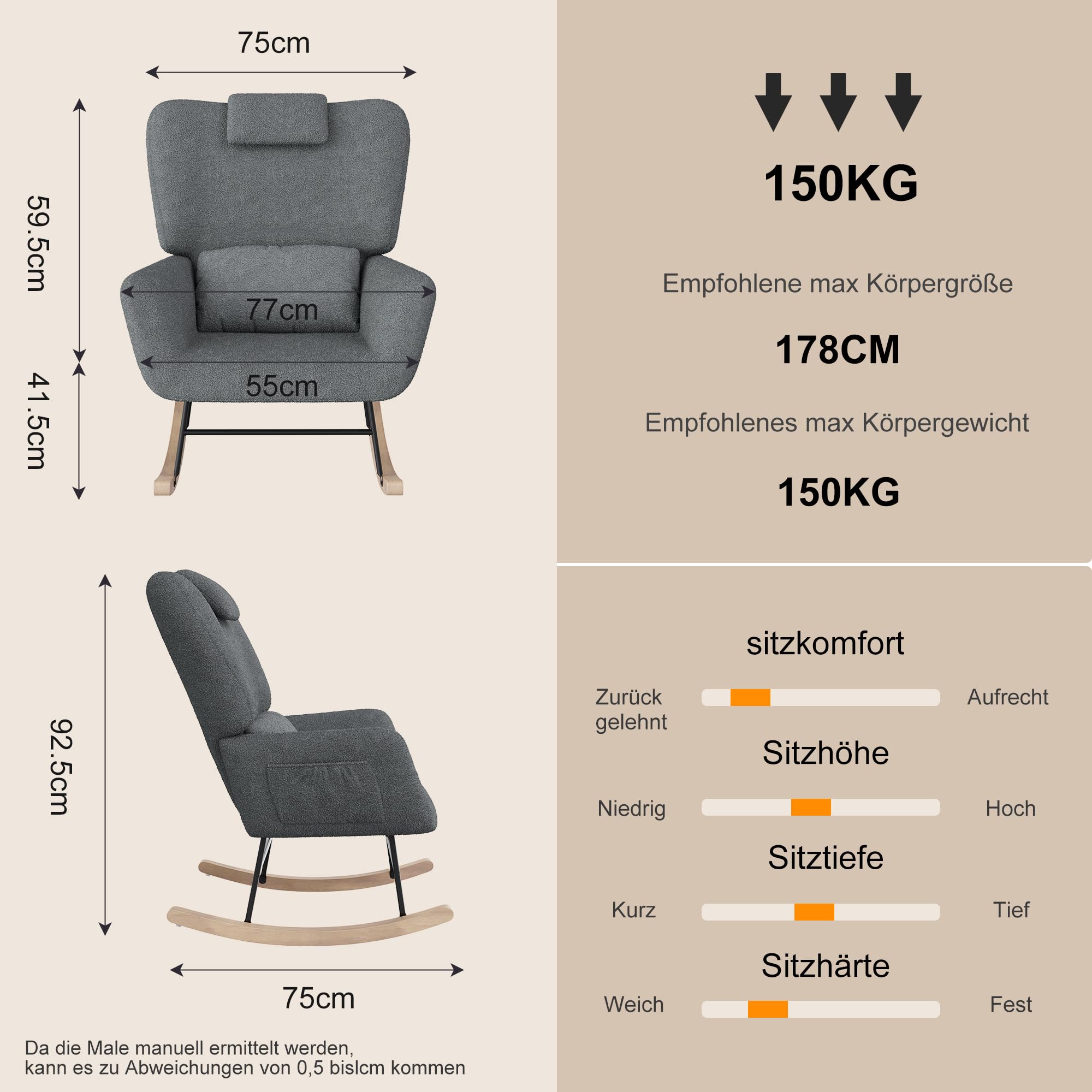 PerGar Sedia a dondolo con sgabello, in peluche, colore grigio, 150 kg