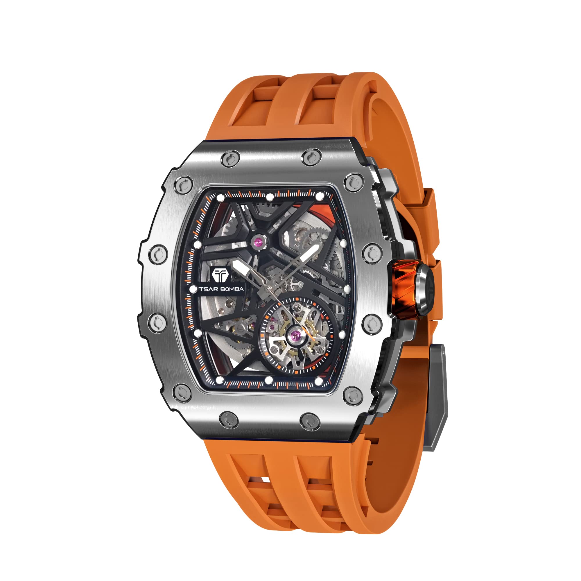 TSAR BOMBA Mens Wrist Watches Automatic Winding Watches for Men Tonneau Luxury Skeleton Original Design Watch Large Square Face Wristwatch Silicone Strap Unique Fashion Gift for Men, silver orange, (B0B7WDMGLM) Amazon Price History, Amazon Price Tracker