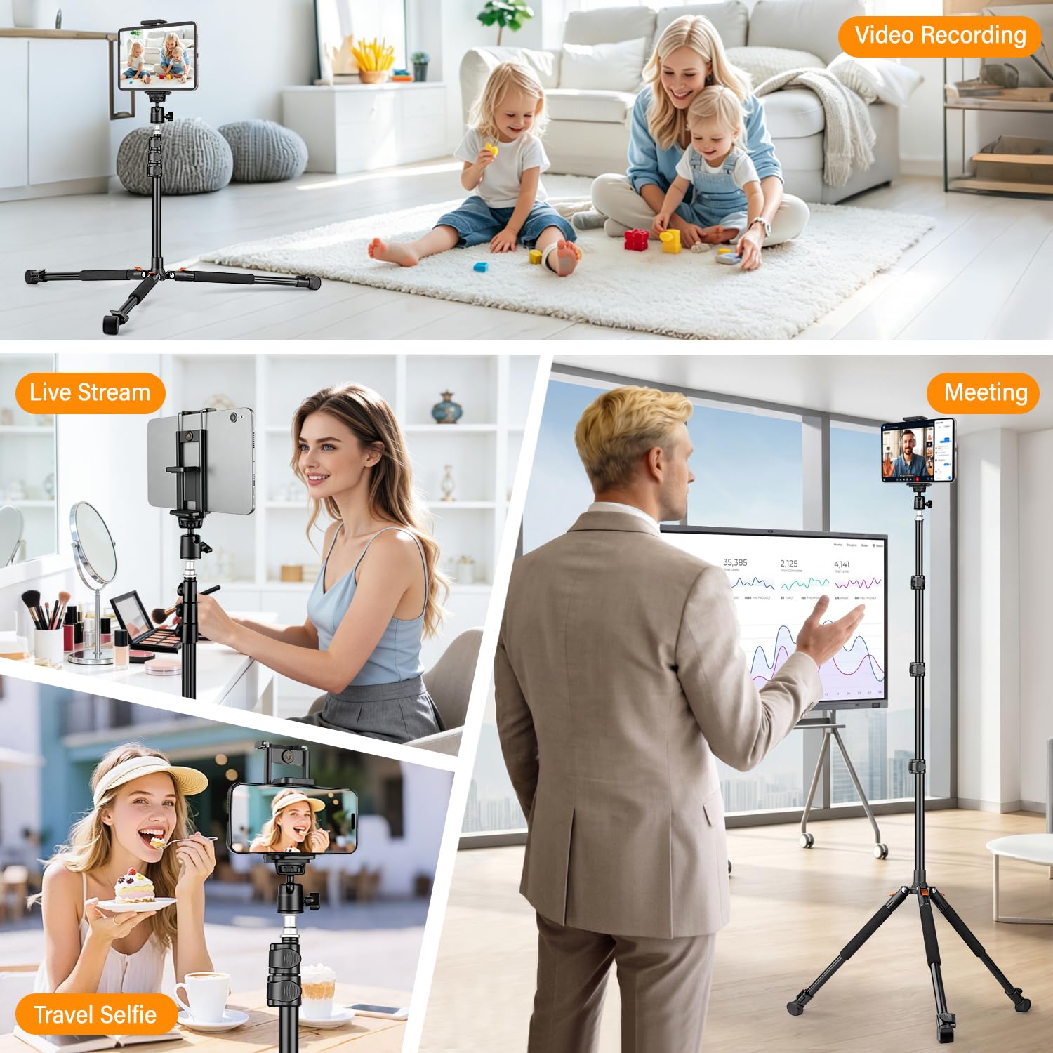 Nineigh 200CM Tripode para Tableta, Soporte de Suelo para Tableta, Trípode Ajustable en Altura para iPad y Teléfono, Compatible con iPhone, Camera, iPad Pro 9.7"/10.5" /11", Mini, Air
