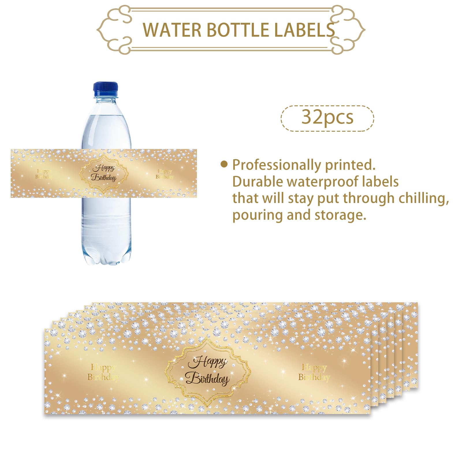 32pcs Gold Happy Birthday Water Bottle Labels, Diamond Gold Glitter Cheers to 16/21/30/40 Years Birthday Stickers, Happy Birthday/Anniversary Water Bottle Lables for Men Women