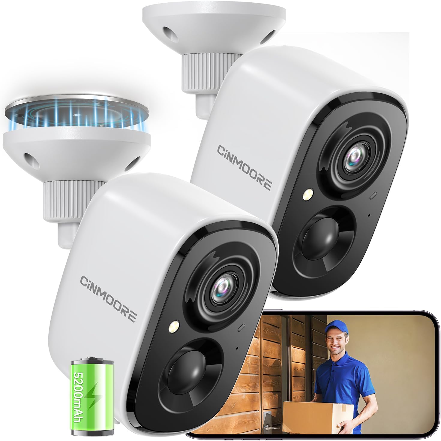 2 Pack 2.5K Security Camera Wireless Outdoor, CINMOORE Battery Powered Outdoor Camera Person Detection, Magnetic Mount Cameras for Home Security, Color Night Vision, Spotlight, Siren Alarm, 2-Way Talk