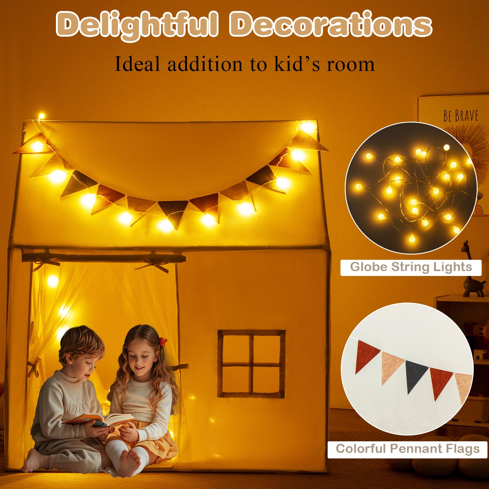 HOMASIS Kinderzelt für Indoor, Spielhaus mit 20 Sternlichtern & Matte & 2 Fenstern & Vorhang & 12 Flaggen, Spielzelt Prinzessin Zelt für Mädchen & Jungen, Tipi Zelt Kinderhaus Kinderzimmer, Beige
