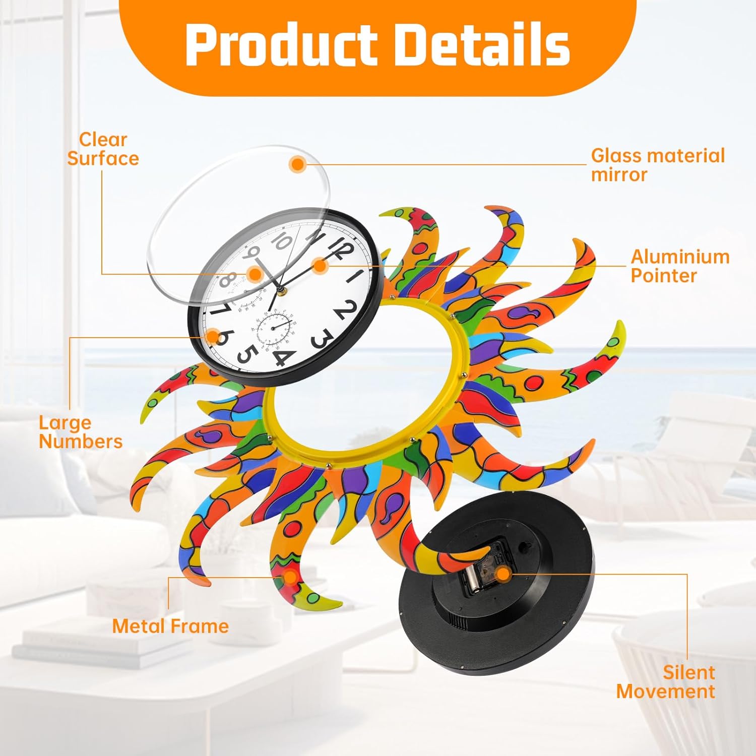 25-Inch Sun-Shaped Outdoor Clock and Thermometer Set, 10-Inch Dial, Battery Powered, Waterproof, Silent Quartz Movement (Colorful)