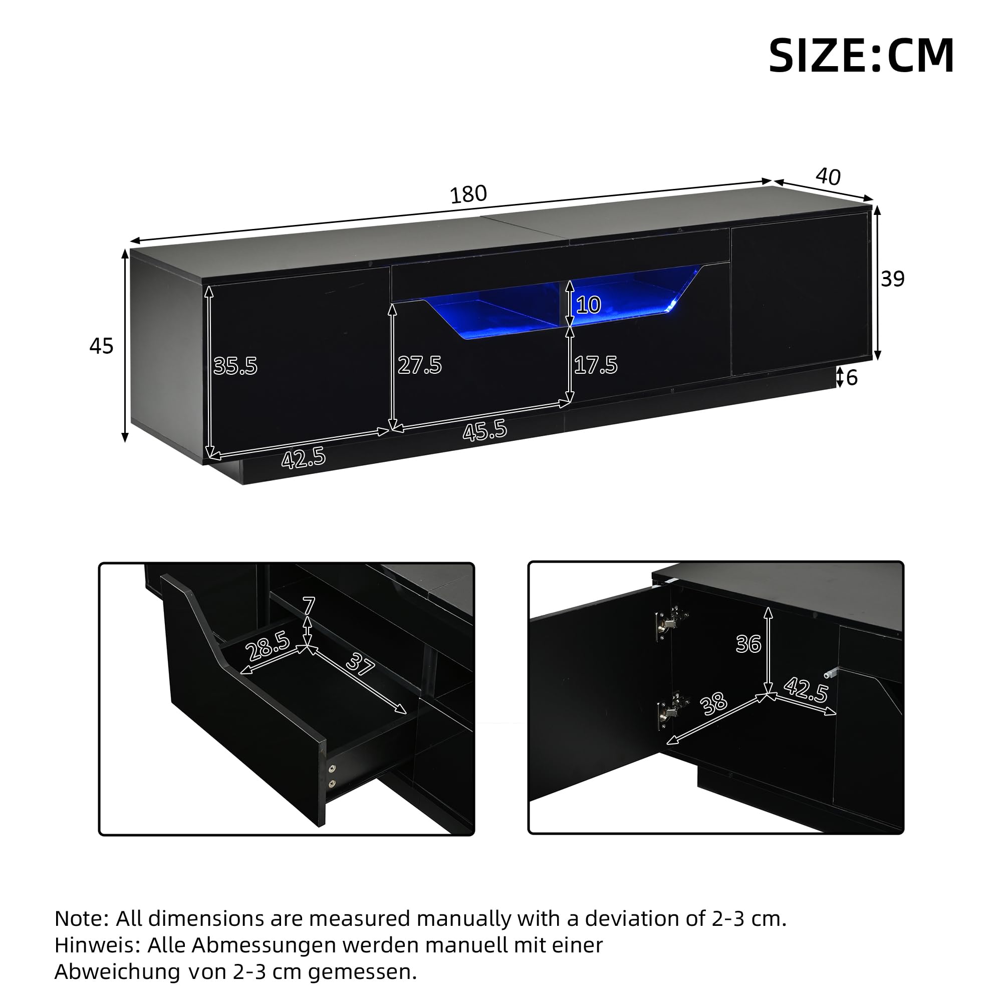 Szafka pod telewizor stojąca, 180 x 40 x 45 cm, z 2 szufladami i 2 szafkami, szafka pod telewizor o wysokim połysku z diodami LED, szafka pod telewizor, nadaje się do telewizorów 75", czarna