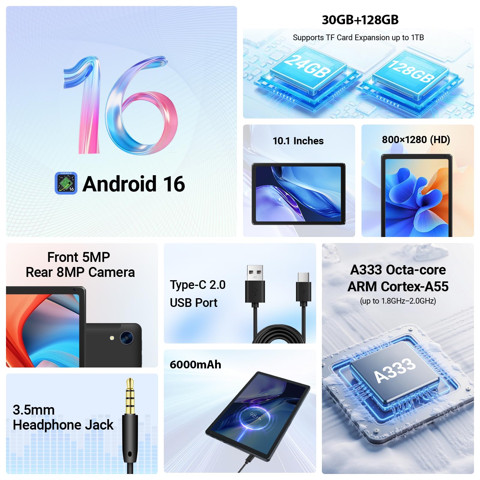 Android 16 Tablet 10 Pollici, 30GB RAM+128GB ROM, Octa Core 2.0GHz, WiFi 6, 6000mAh, 2 in 1 con Tastiera e Mouse
