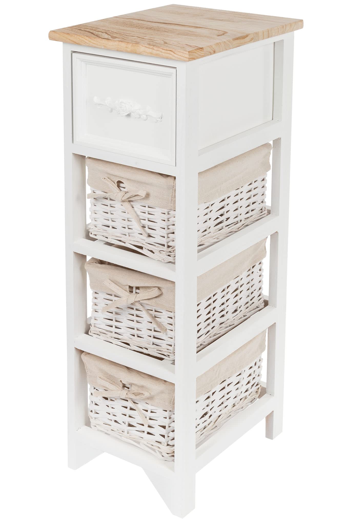 Spetebo Holz Kommode Vintage Weiß mit 2 Rattan Körben