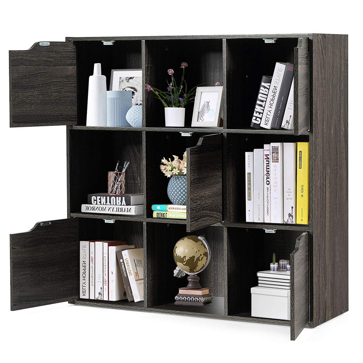 KOMFOTTEU Estantería con 9 Compartimentos de 3 Niveles, Librería de Madera con Puertas, Mueble de Almacenamiento de Pie con Cierre Magnético para Estudio, Oficina, Salón, 90 x 29 x 90 cm (Gris)