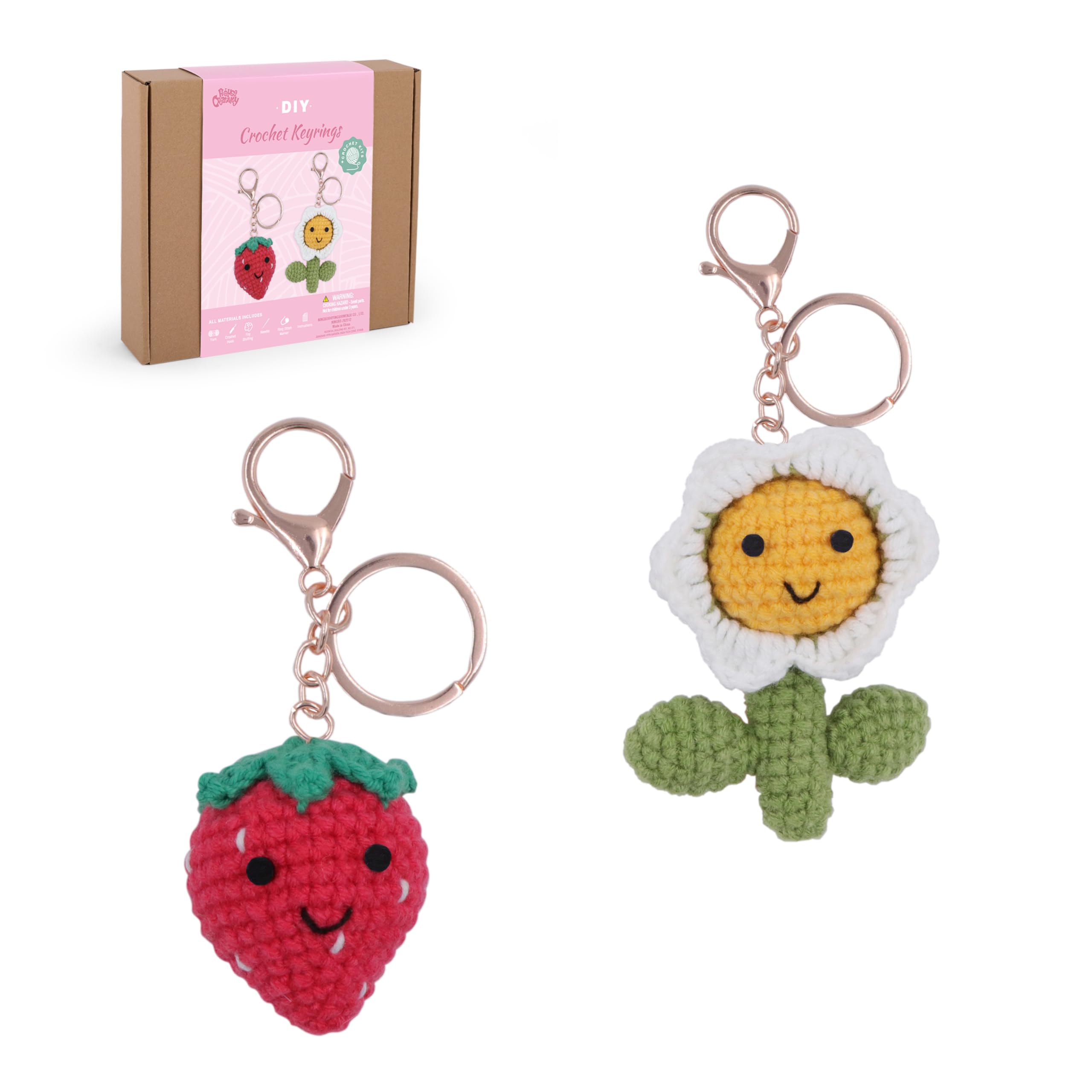 HOUSE CREATIVITY Crochet Keychain Kit for Beginners, Make 2 Strawberry &amp; Sunflower Charms, Crochet Kits with Video Tutorial, Complete Set with Yarn, Hook &amp; Keyring, Cozy Stress Relief Gift for Adults