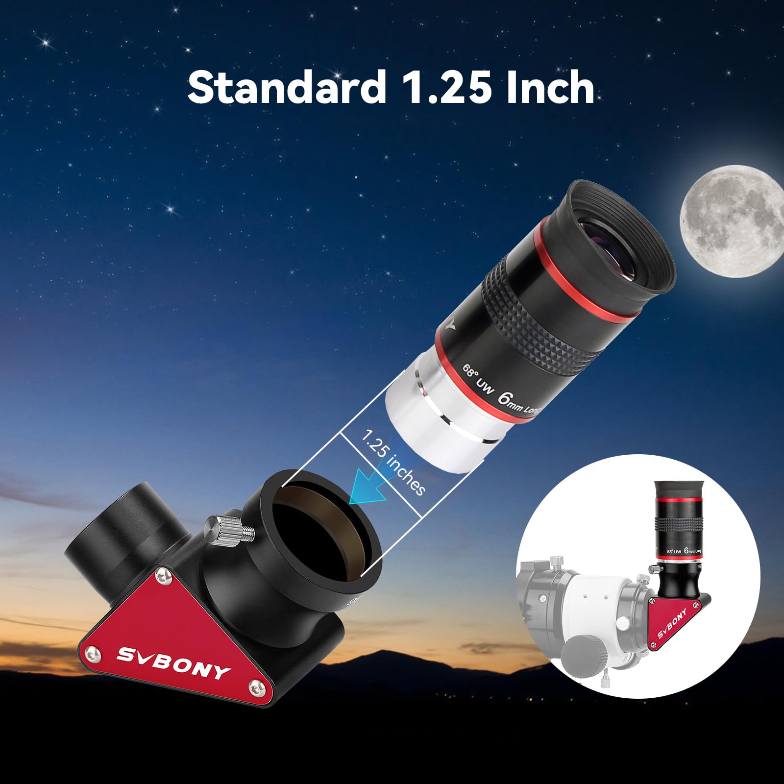 SVBONY Telescopio oculare ultra grandangolare da 68 gradi da 6 mm e SV188P 90 gradi Dielettrico a stella diagonale, 3,2 cm, accessori per telescopi astronomici visivi