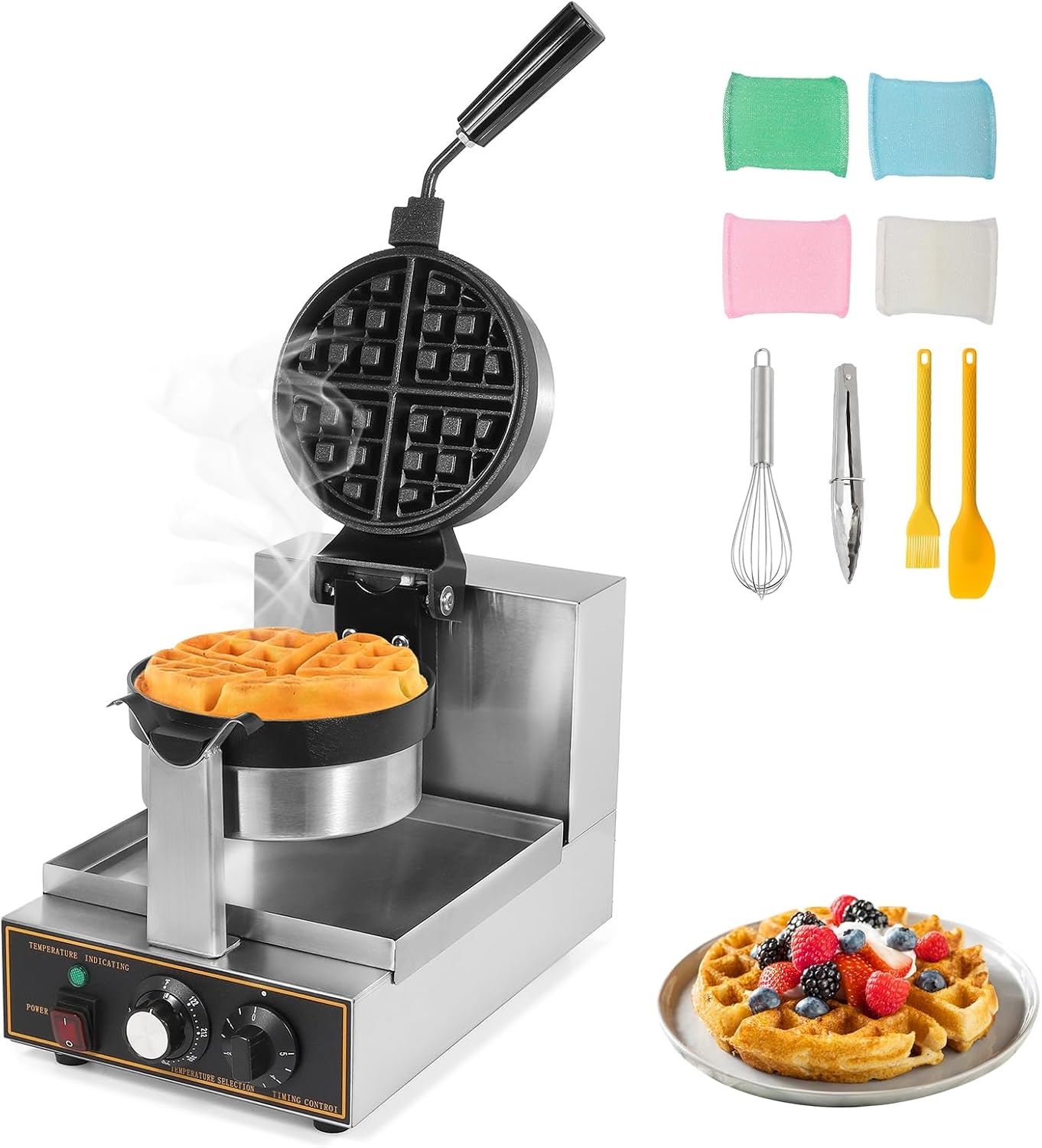 WICHEMI Commercial Belgian Waffle Maker Thick, Cast Iron Waffle Maker Rotating, 180° Flip Nonstick Time Control Temperature Adjustable 110v 1200w