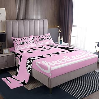 jejeloiu Cheer Bed Sheet Set Queen Girls Cheerleading Bed Sheet for Kids Teens Adults Cheerleader Sheets Set Pink Cheer Sports Room Decor Bedding Set 4Pcs with 2 Pillow Case