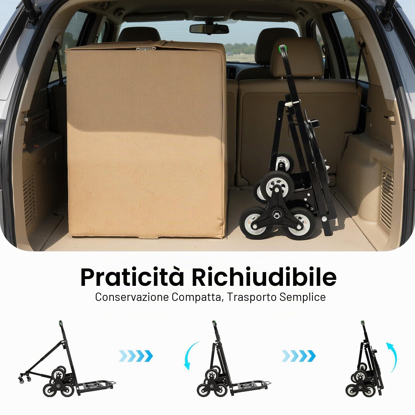 Carrello per salire le scale, pieghevole, carrello per il trasporto di scale, carrello pieghevole in acciaio, portata 150 kg, manico regolabile in altezza, con cavo di fissaggio, per magazzino