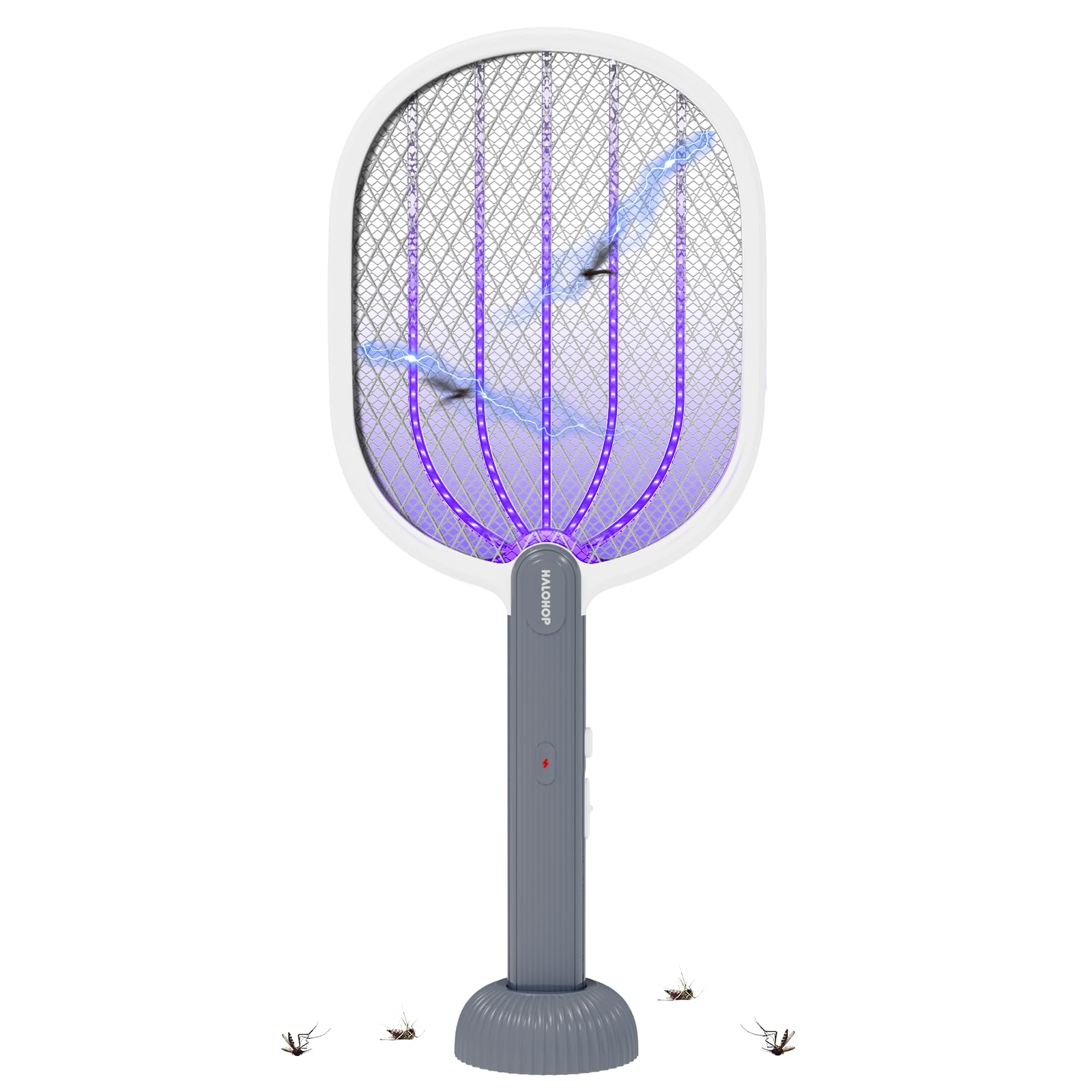 Halohop Mosquito Bat with UV Light Lamp, 2 in 1 Mosquito Racket USB Rechargeable - Bug Zapper Electric Fly Swatter with Base Stand - Mosquito Killer Lamp with Lithium-ion Battery (Grey)