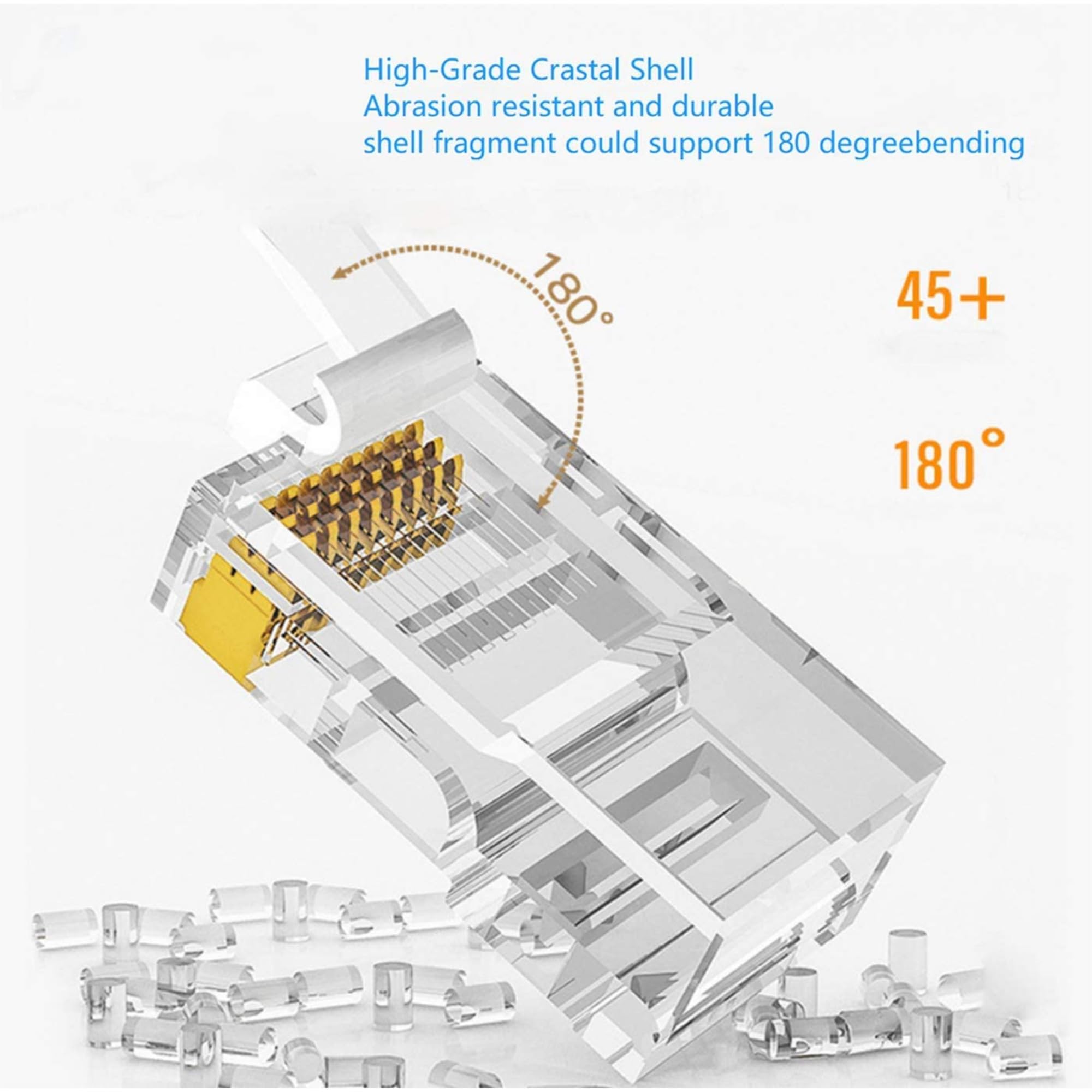 higadget Cat6 RJ45 Connector Ends (100Pc), 8P8C RJ45 Ends for Cat5, Cat5e, Cat6 Ethernet Cables - UTP LAN Cable Crimp Connectors for Solid Wire & Stranded Cable - Network Plug Module (Pack of 100) 2