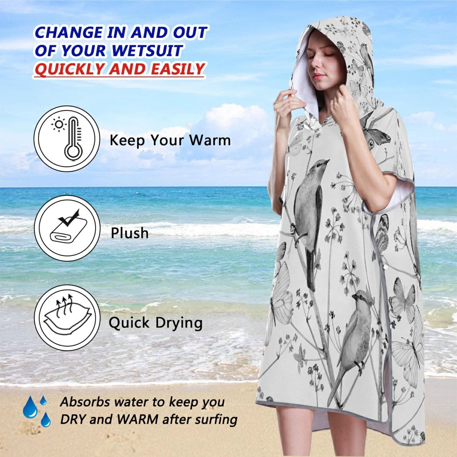 Vintage-Surf-Poncho, nahtlos, mit Vögeln, Blumen und Schmetterlingen für Erwachsene, mit Kapuze und Tasche, schnell trocknender Bademantel, Mikrofaser-Handtuch für Badezimmer, Strand im Freien