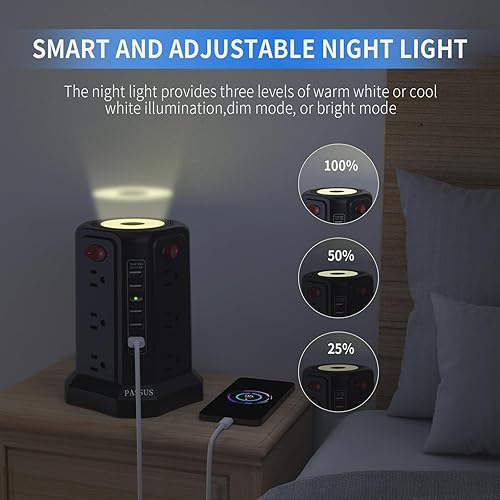 Miniatura 2 de Regleta de alimentación con protector de sobretensiones con cable de 10 pies 1625 W  13 A, torre de alimentación con 5 puertos USB y luz nocturna,