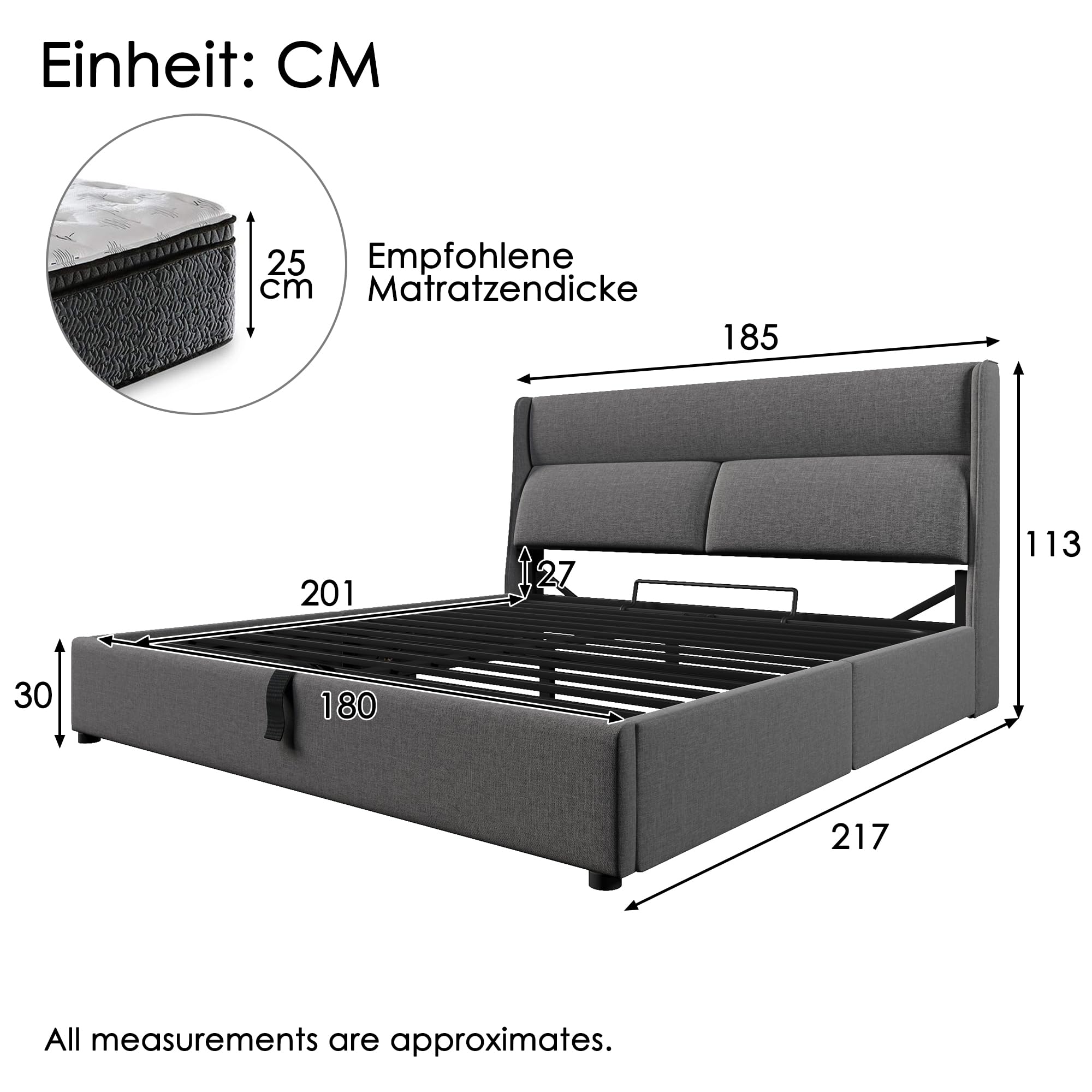 Dolamaní Boxspringbett Doppelbett 180x200 cm, Polsterbett mit Verstellbare Kopfstützen,Hydraulisches Bettgestell mit Stauraum, Bett mit Metall- Lattenrost, Leinen Ohne Matratze (Grau)
