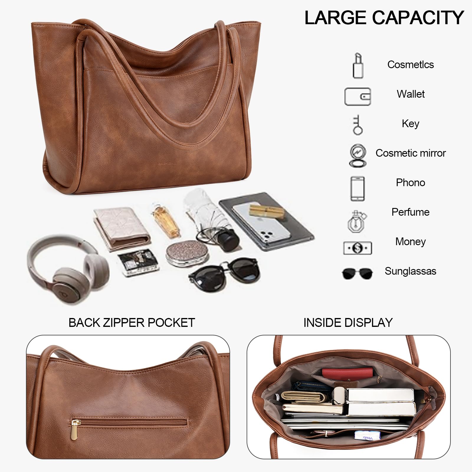 GAEKEAO Bolso Bandolera para Mujer para Universitarias Trabajo Shopper PU Cuero Bolso Hombro Bolsa de Mano Tote