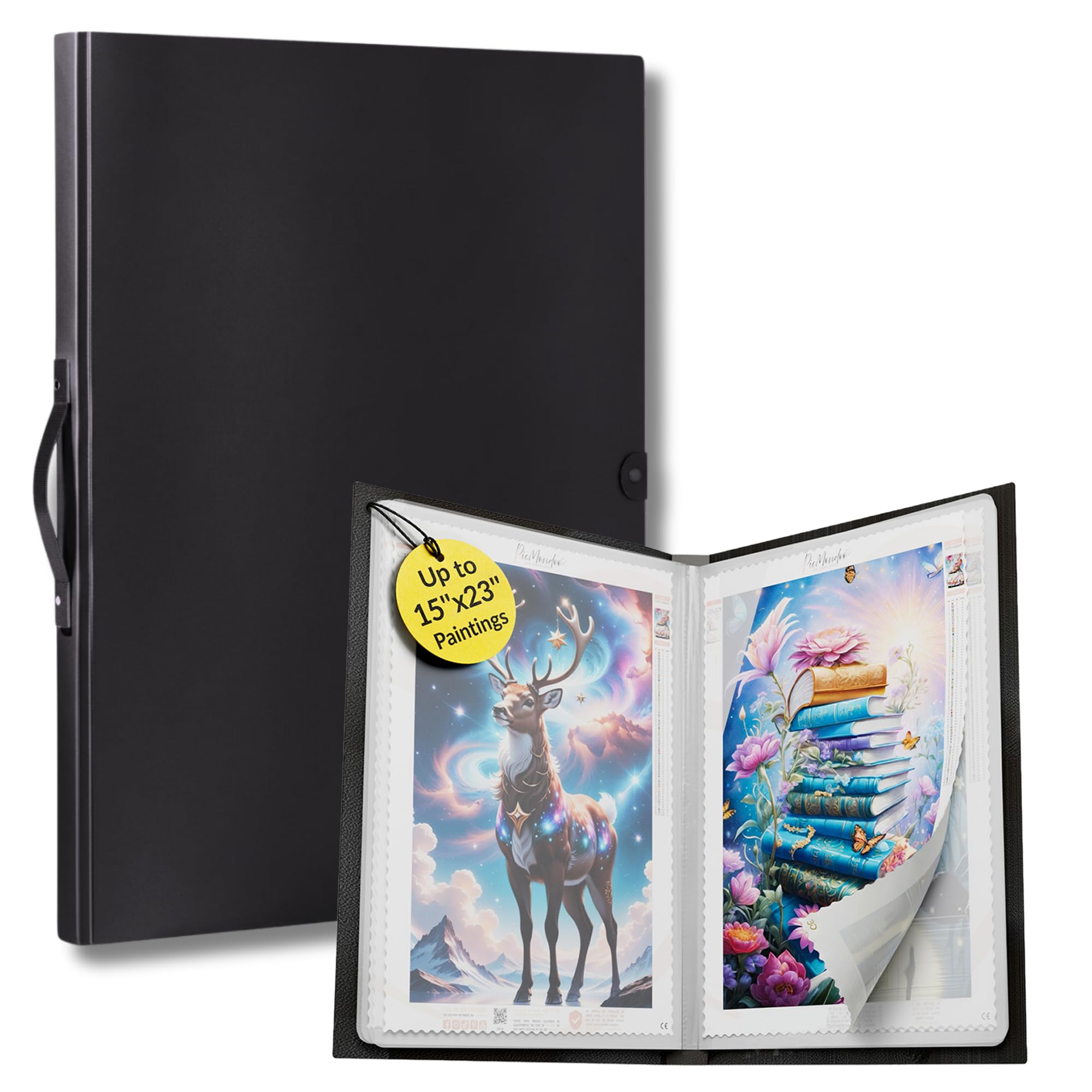 Picmondoo Diamond Painting Sammelmappe A2-80x58cm | 10 Klarsichthüllen für 40x60cm Bilder, schwarze A2-Mappe, erweiterbar & knickfreie Aufbewahrung