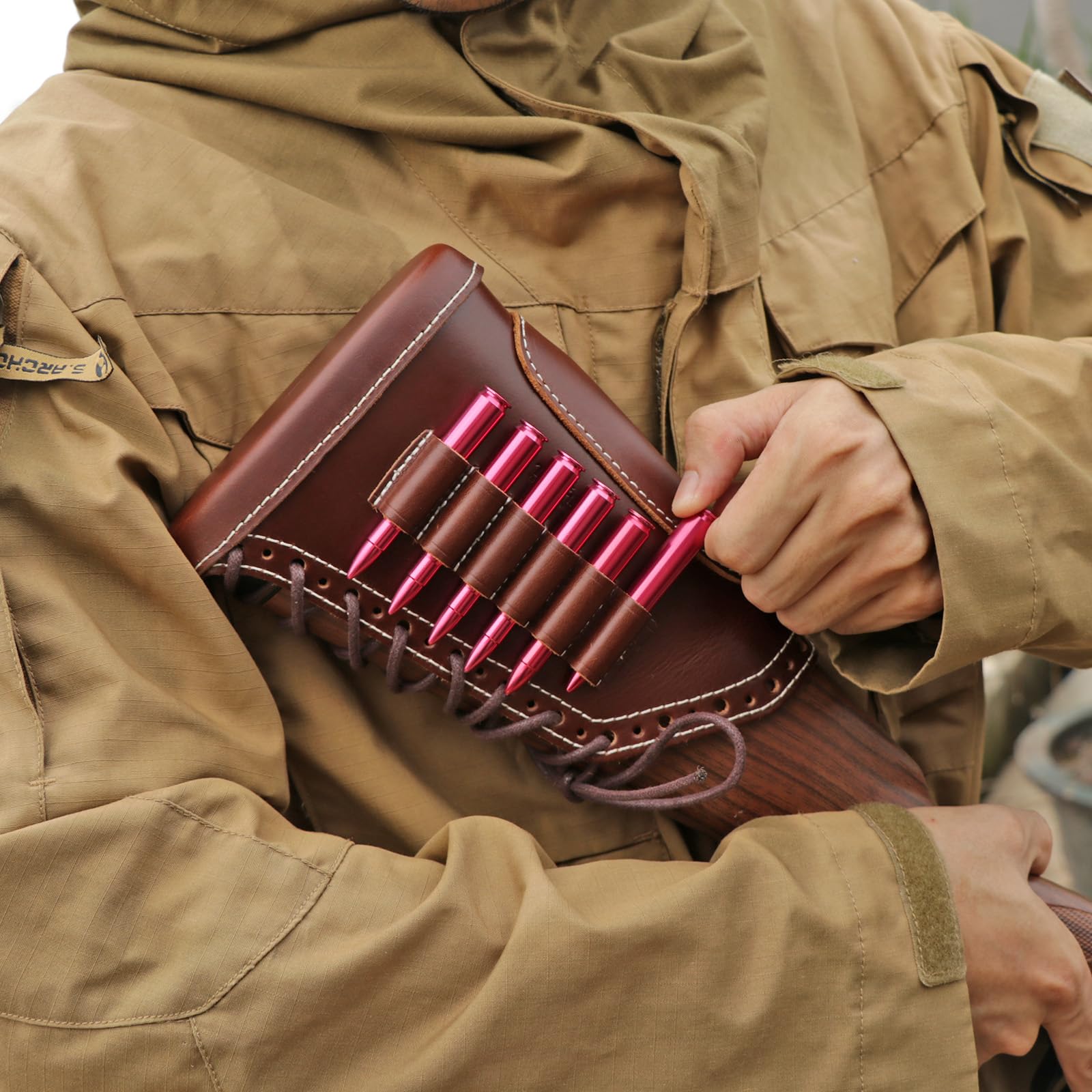 Culata de Rifle de Cuero auténtico, Almohadilla de Retroceso para reposa mejillas, Bolsa con Soporte para munición de 6 Rondas