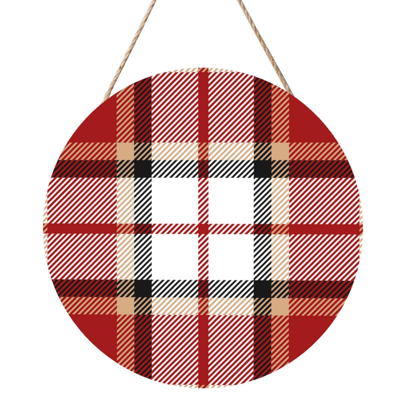 InOmak Red Black White Tartan Plaid Scottish Checkered, Round Wood Panel Painting 12 in, Wall Hanging Painting For Home