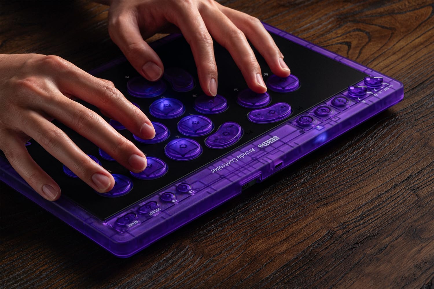 8BitDo All-Button Arcade Controller for Switch & Windows – 3 Connection Modes, Low-profile Linear Switches, 4 Programmable Buttons, Hot-swappable PCB - Transparent Purple Signature Edition