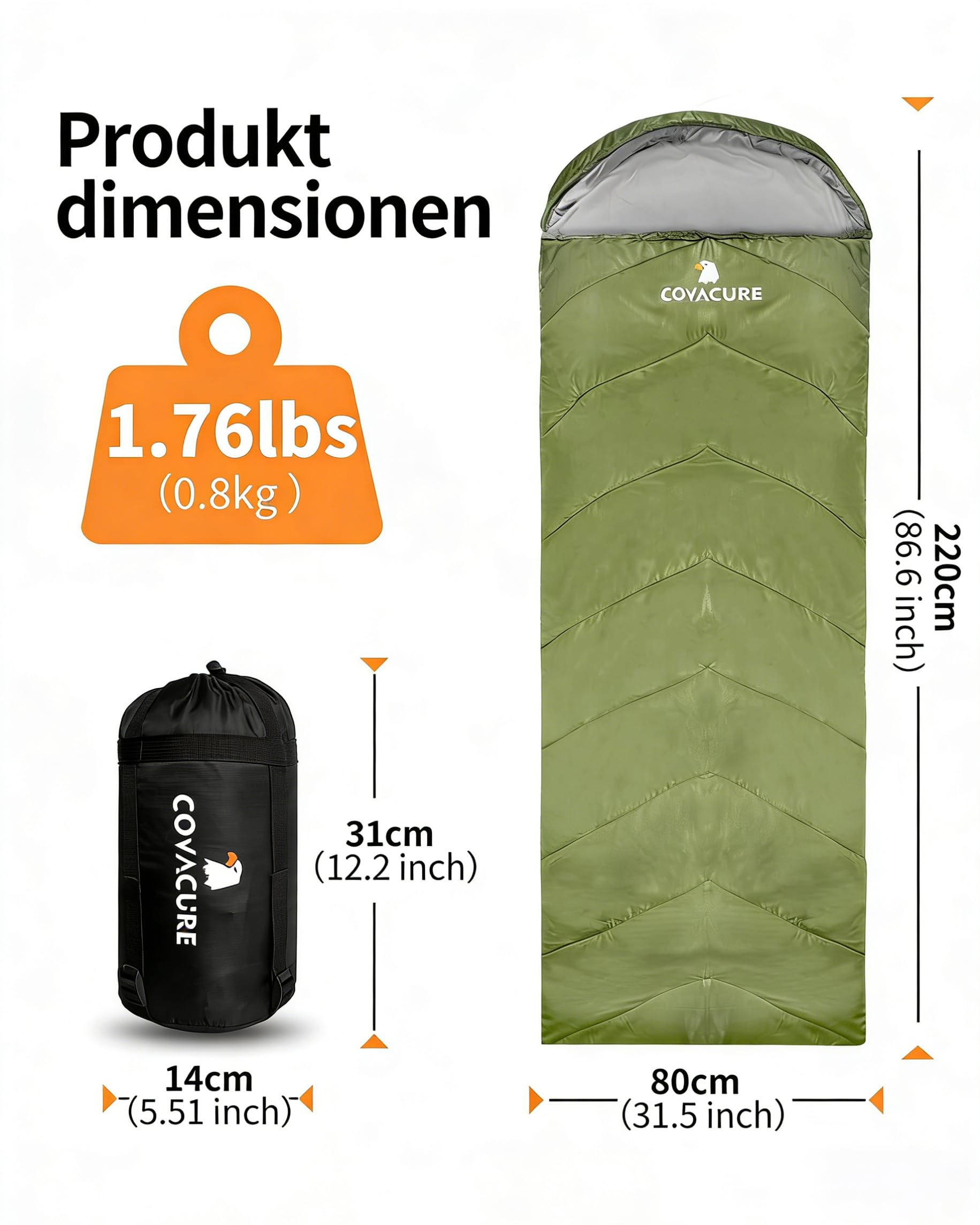 COVACURE Schlafsack Camping – Ultraleichter Sommerschlafsack und Deckenschlafsack, 3 Jahreszeiten Sleeping Bag für Kinder und Erwachsene, kleines Packmaß, 220 x 80 cm