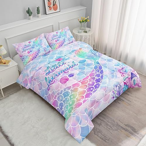 Miniatura 2 de Datura home Juego de edredón de cama con estampado de cola de sirena arcoíris con 1 edredón y 2 fundas de almohada para dormitorio de niñas durante
