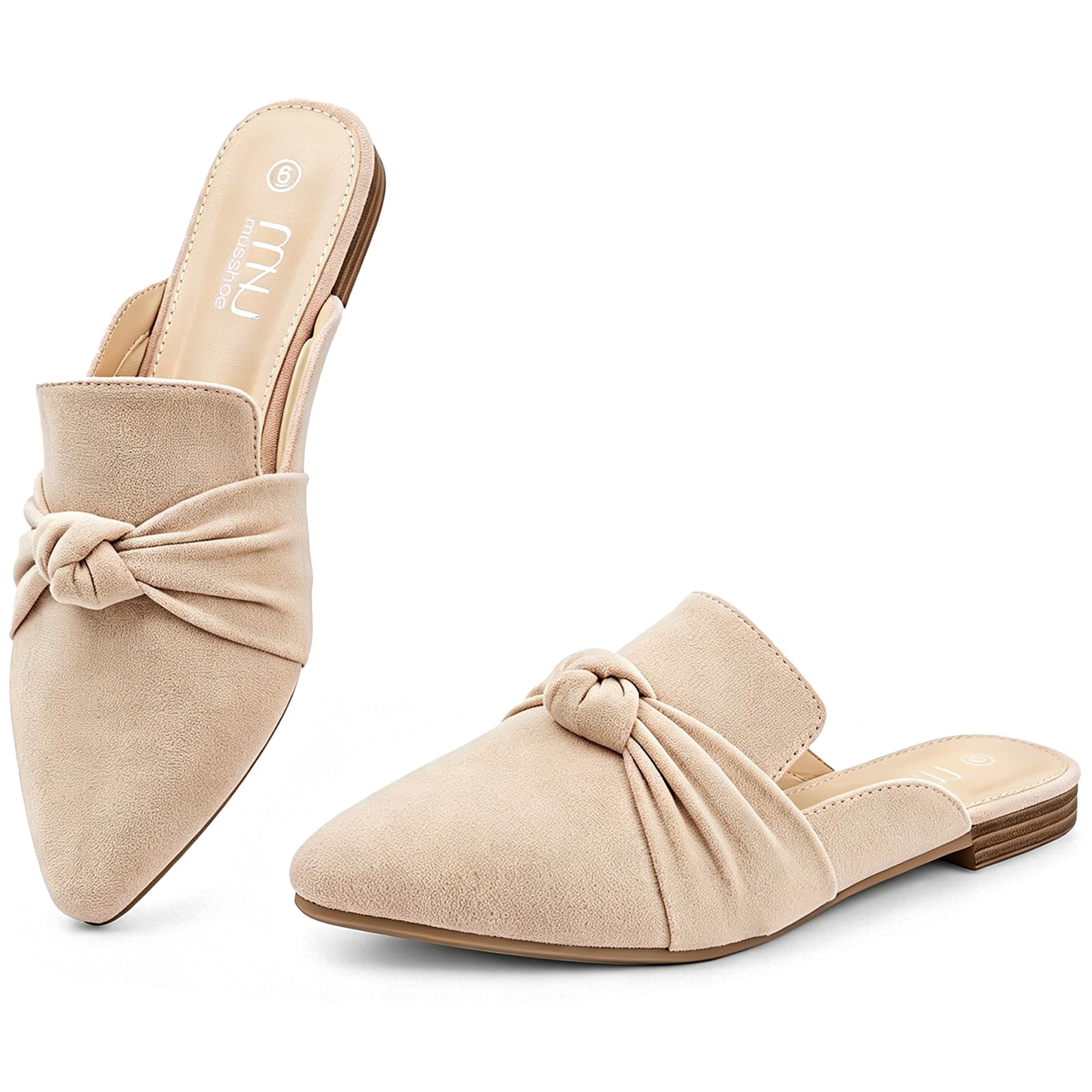 MUSSHOE Mules for Women with Bow Knot: Pointed Toe Flats - Cloud-Cushion Suede Backless Loafers for Office &amp; Casual Wear - Wide-Fit Friendly Slip On Slides with Memory Foam