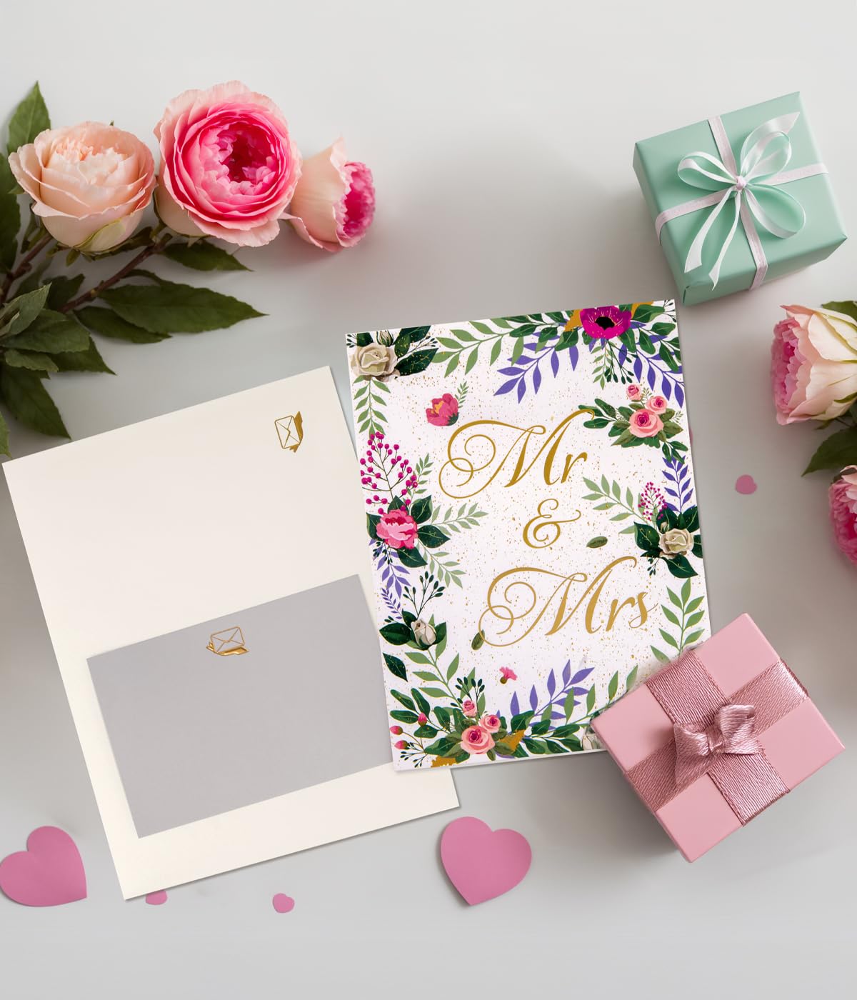 Magic Ants 3D Pop-Up Card Wedding, Mr. & Mrs. Card with White Roses, Butterflies and Gold Script - Image 2
