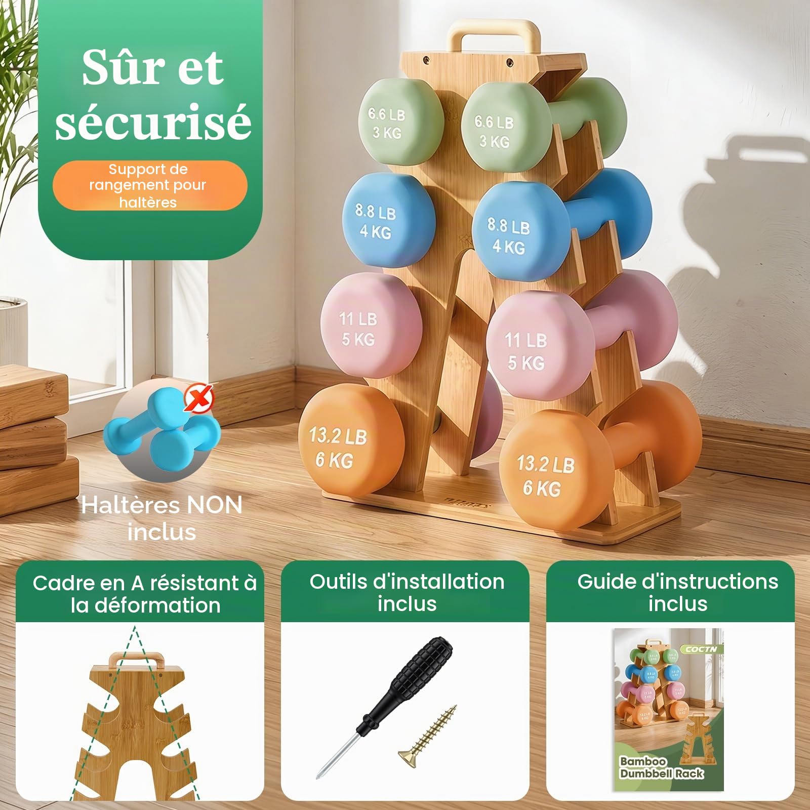 4 Niveaux Support d'Haltères, Support à Haltères, de Poids en Bois Compact Gym Stockage, Convient pour Ranger des Haltères de 3-7KG, pour le Bureau, la Salle de Sport, Salon, 35,5x14,5x46cm