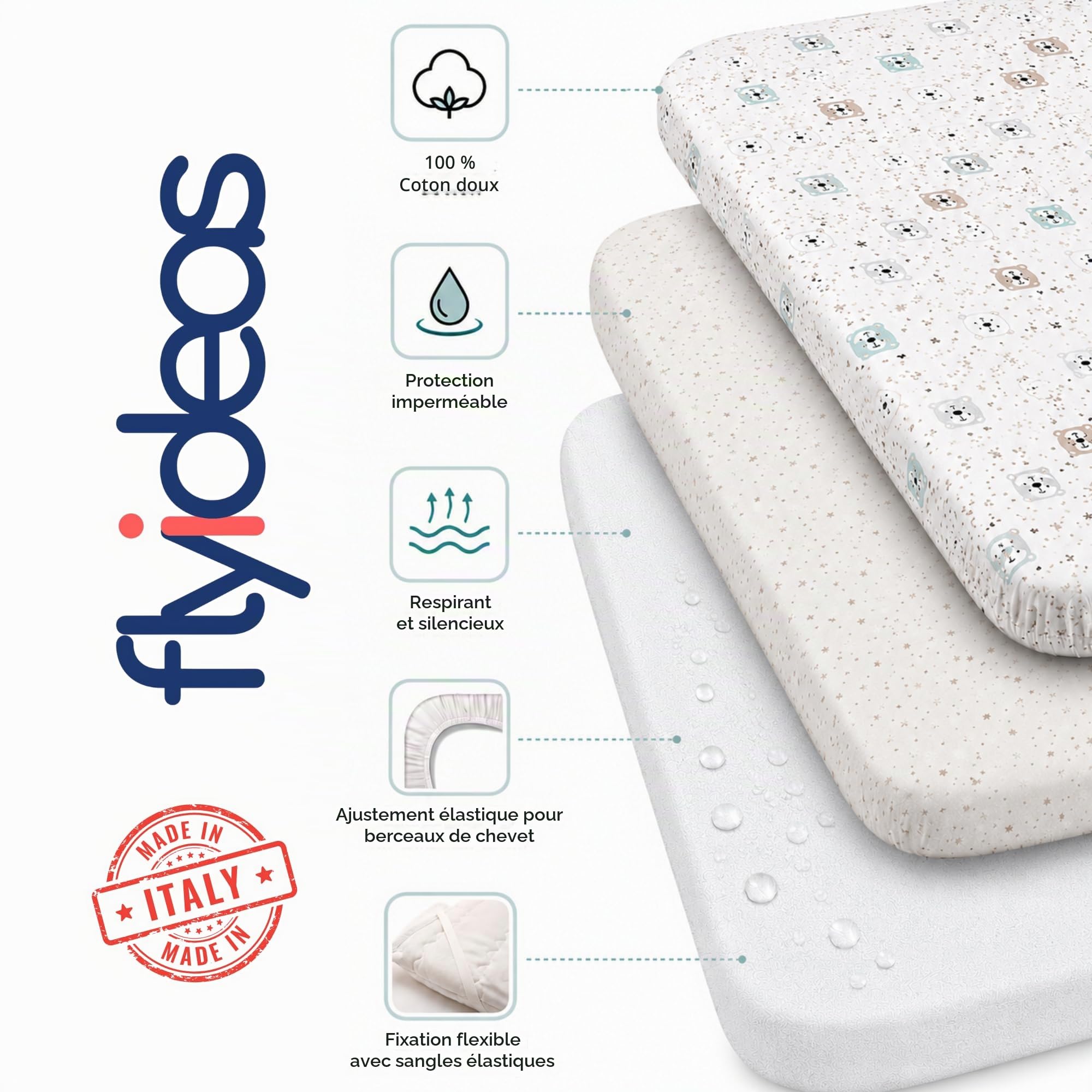 FlyIdeas Lot de 3 Draps Housse Bébé en Coton Doux - 2 Draps Housse Élastiqués + 1 Alèse Imperméable - Linge de Lit pour Berceau et Matelas (Cute Bears, 90x55 cm)