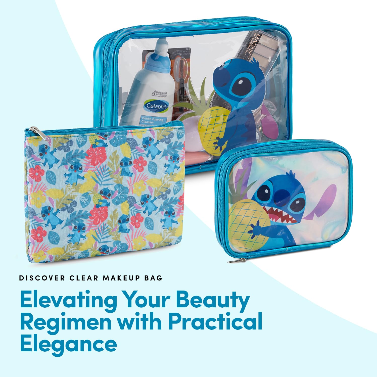 Disney Lilo and Stitch Cosmetic Case Set - Girls, Boys, Teens, Adults - Officially Licensed Lilo and Stitch Travel Cosmetic Case 3 Piece Set (Blue)