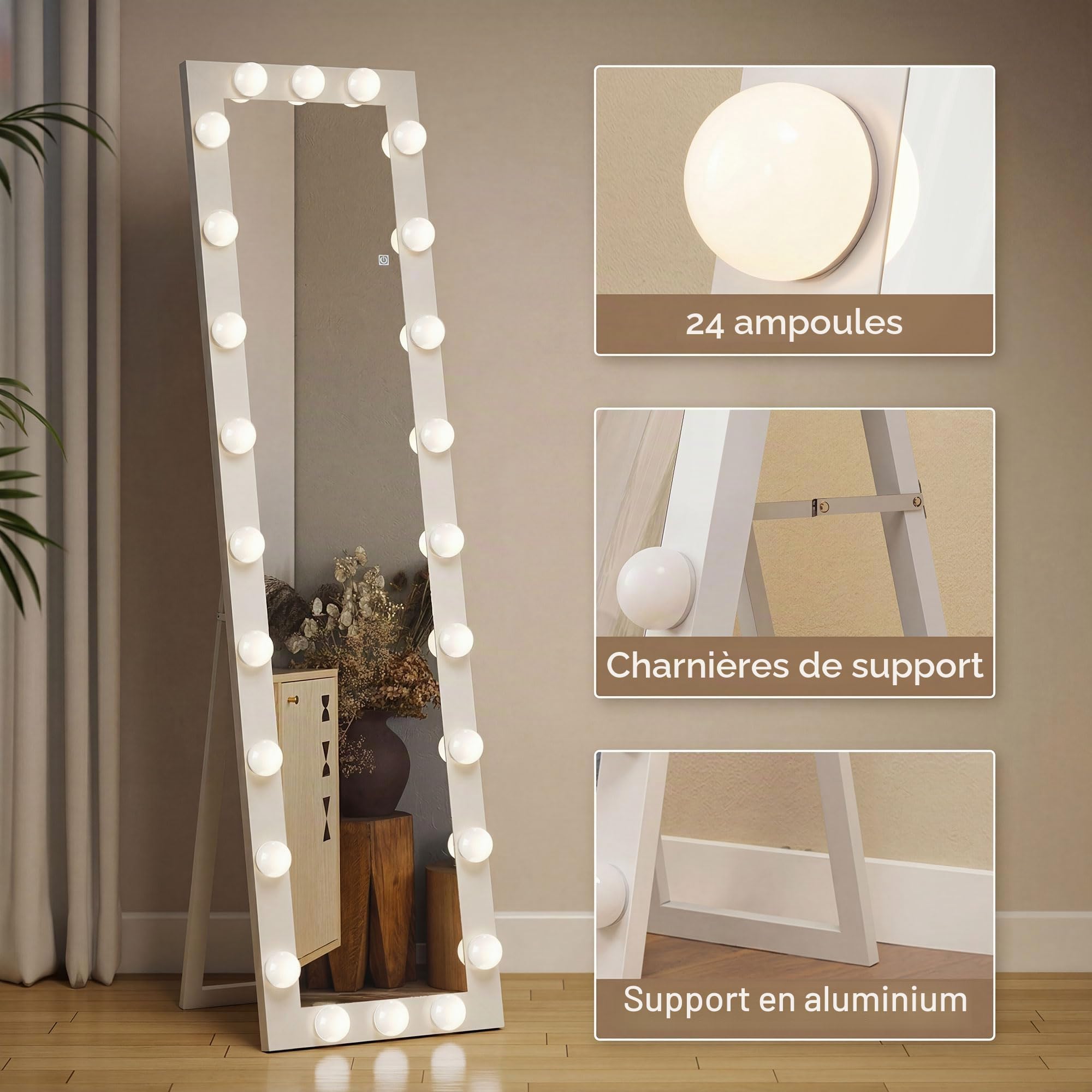 HOMCOM Miroir sur pied LED sur toute la longueur, 150 x 40 cm, avec 24 ampoules, 3 couleurs de lumière, à intensité variable, avec interrupteur tactile, fonction mémoire, miroir inclinable, pour