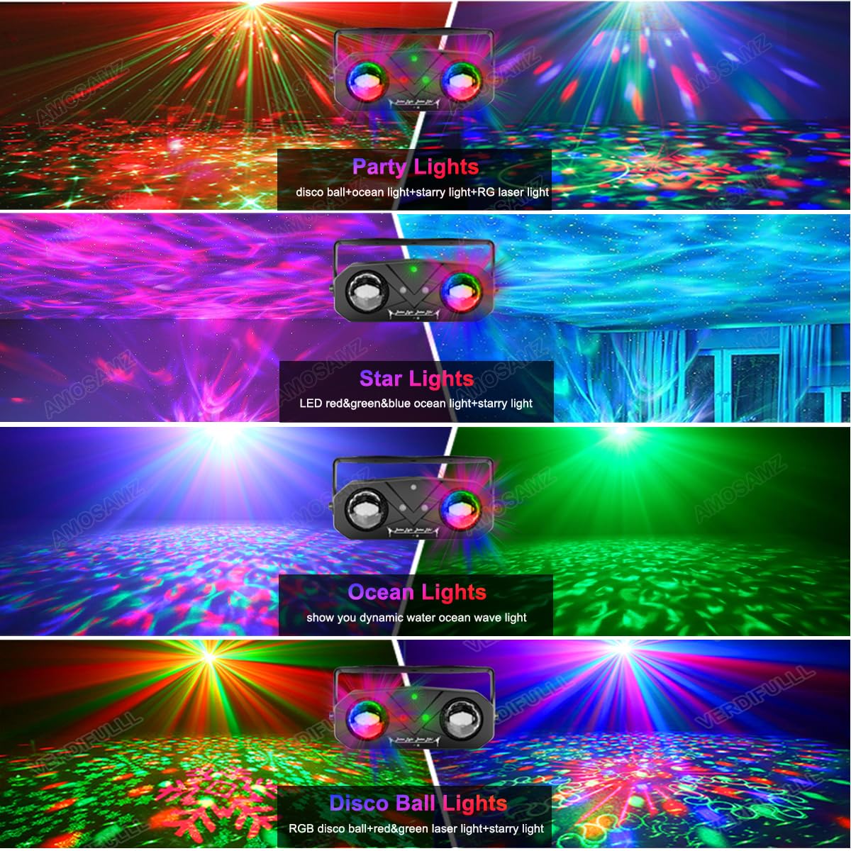 Disco Lights,Party Lights Sound Activated with Roating Disco Ball,Star Projection,Ocean Light,3 Lens Light Pattern Show for Party DJ KTV Club Christmas Festival Gifts - Image 2