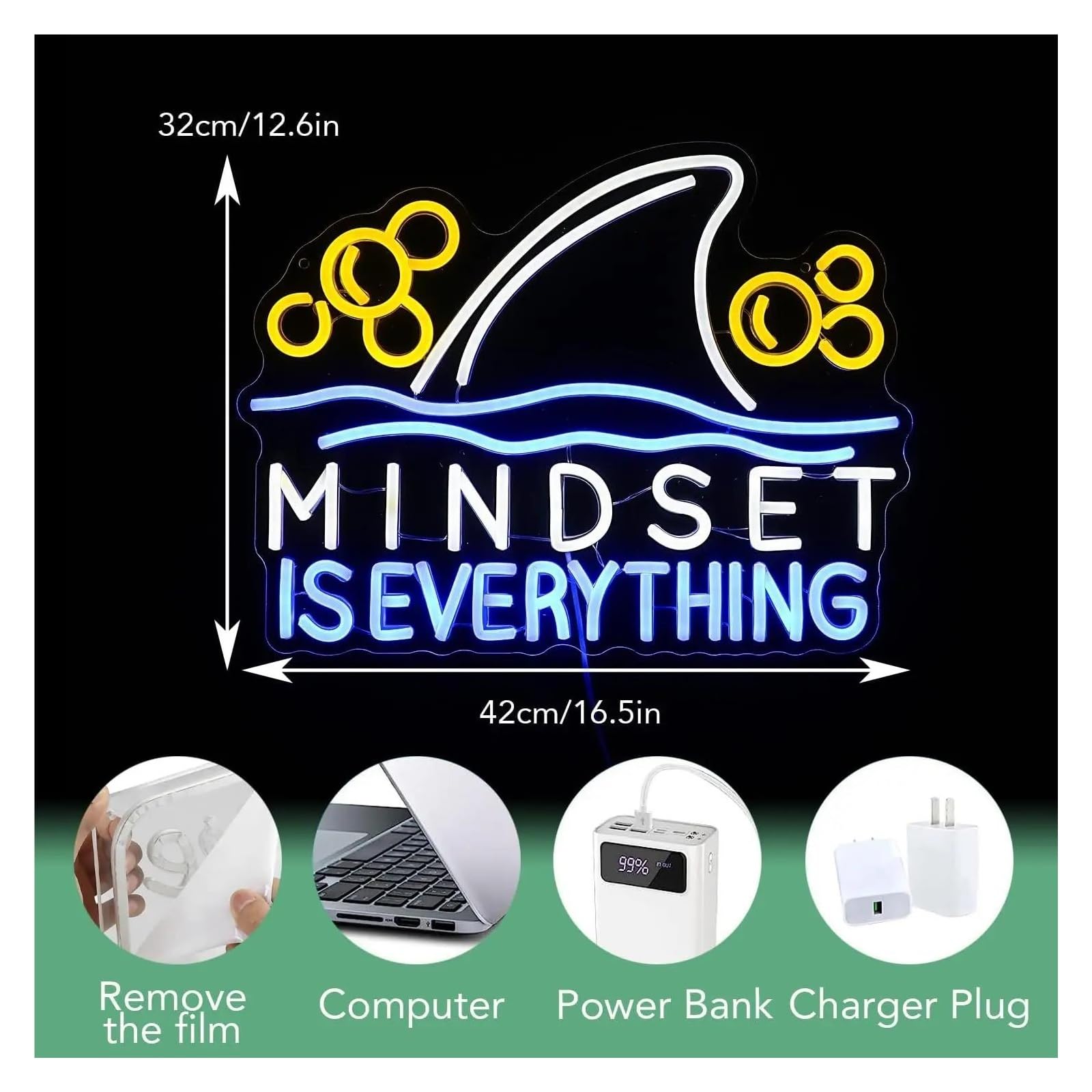 néon signe Enseigne Lumineuse Mindset Is Everything À Intensité Variable, Poisson Requin, Décoration Murale Pour Salle De Classe, Bureau, Chambre À Coucher, École