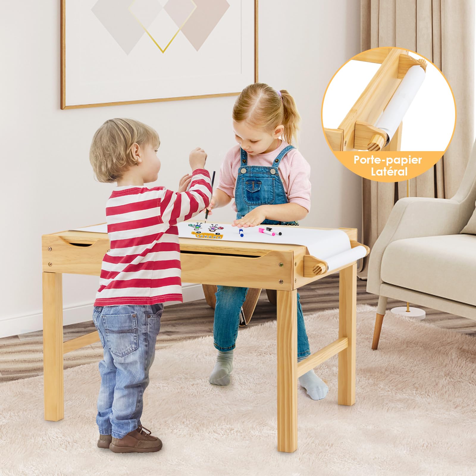 DREAMADE Table de Jeu Multi-Activités en Bois Enfants 80x60x57CM,Table de Construction Réversible Tout-Petits 3+Ans avec Plateau Double Face,Rouleau de Papier,3 Cubes,Papier Dessin (Naturel)