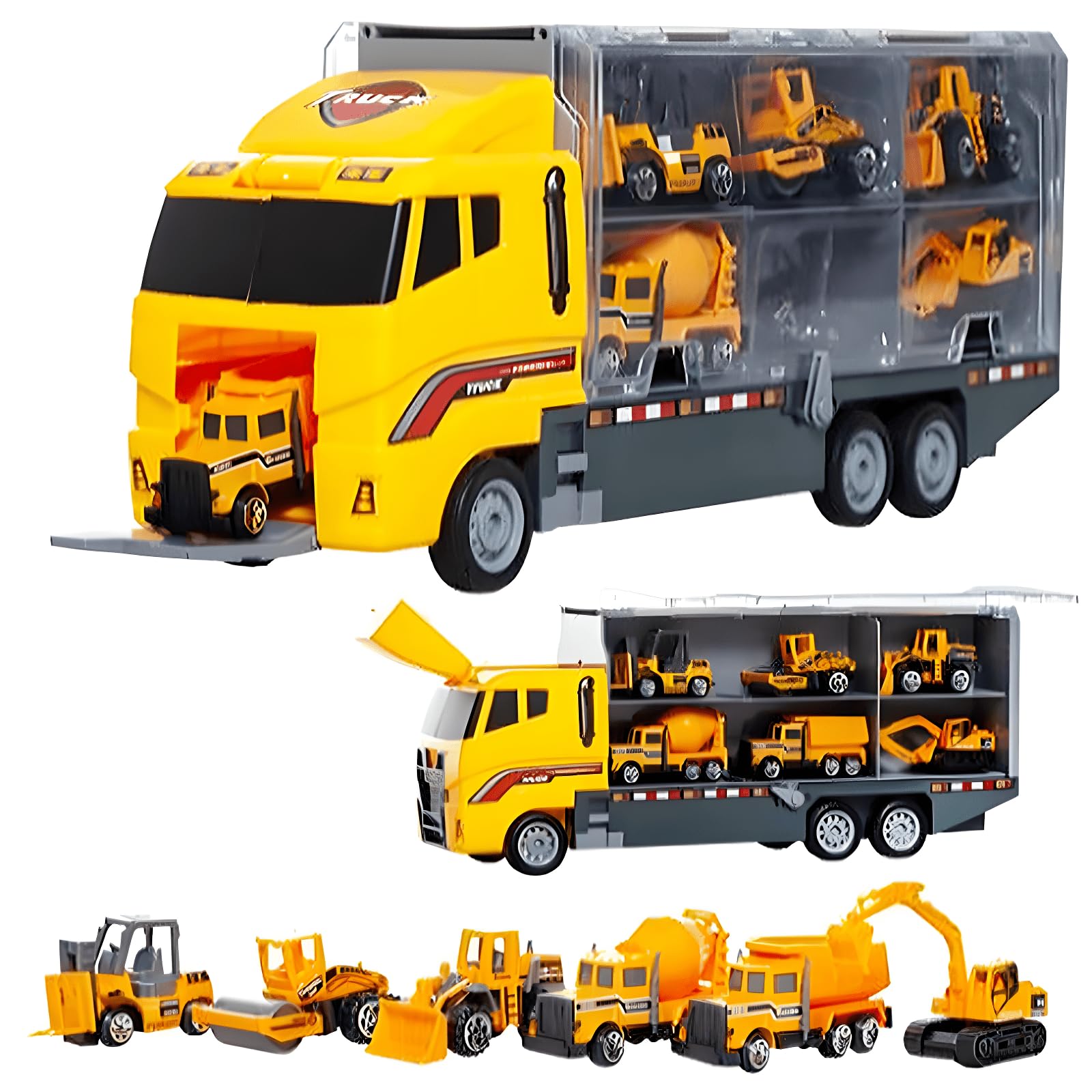 RLS Diecast Transporter Vehicle Playset Construction Toy Vehicle Cars Model Trucks, Transporter Truck Mini Excavator Digger Dumper Tractor for Kids boys Age 3+