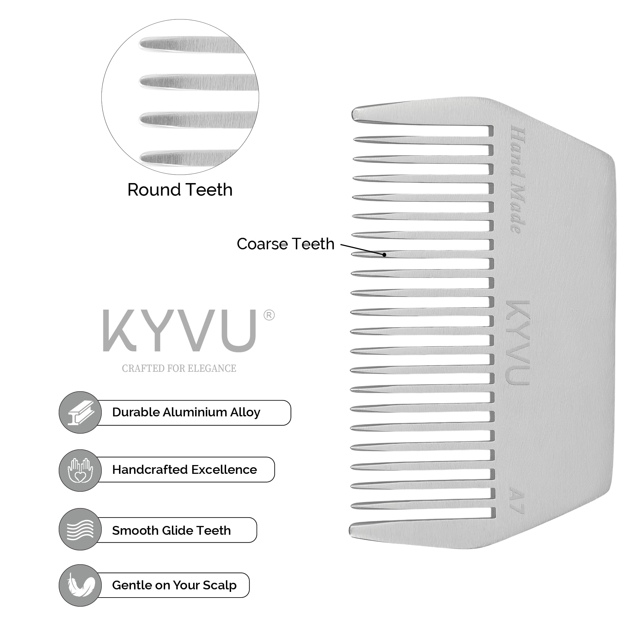 KYVU A7 Handmade 9.3 cm Wide-Tooth Aluminium Comb, 9.3 Centimeters - Image 2