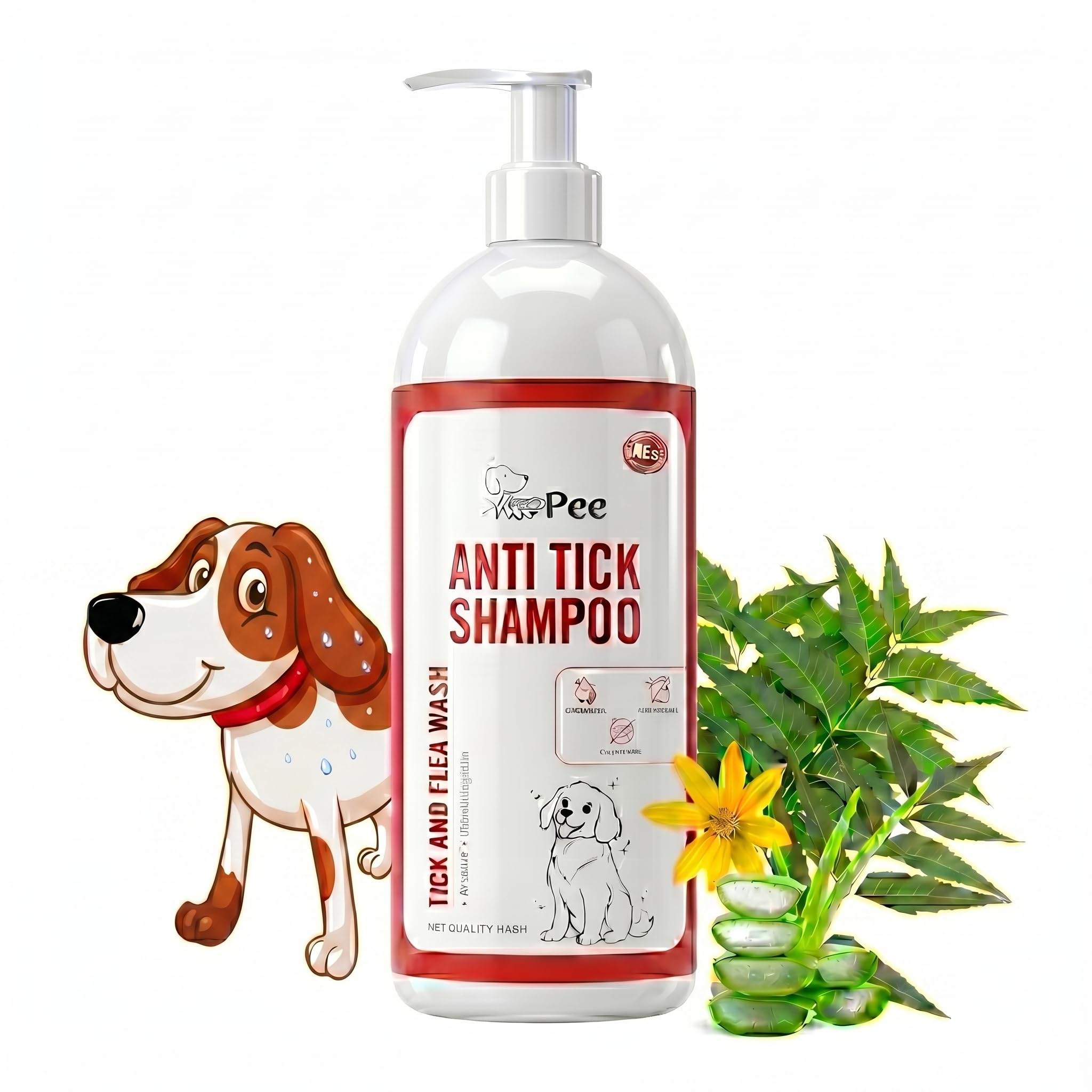 PupPee Neem Anti Tick & Flea Shampoo for Dogs & Puppies 500ml | Anti Tick & Flea, Anti-Fungal, Antibacterial & pH Balanced Dog Shampoo | Tear-Free Coat Cleanser with Lemongrass for Soft Shiny Fur