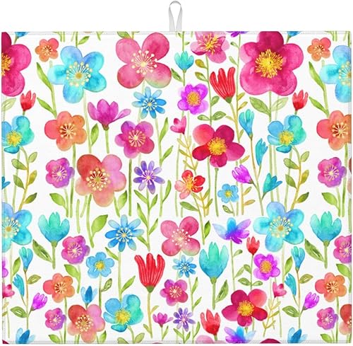 Tapete de secado de platos floral, tapetes reversibles de microfibra absorbente para encimera de cocina, 16 x 18 pulgadas