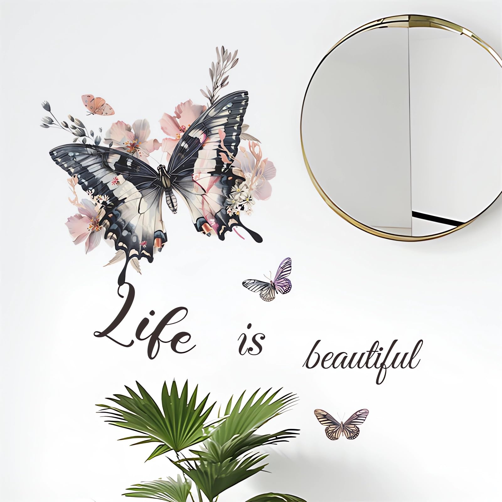 Calcomanías de pared personalizadas de mariposa negra, calcomanías de pared con diseño de mariposas «Life is Beautiful», vinilo extraíble para despegar y pegar para sala de estar,