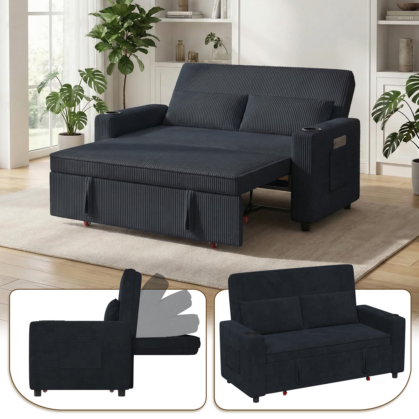 Devoko 2-Sitzer Schlafsofa 140 cm breit, Modernes Sofa mit Schlaffunktion, Ausziehbare Schlafcouch mit Verstellbarer Rückenlehne, Platzsparendes Klappsofa für Wohnzimmer, Blauschwarz