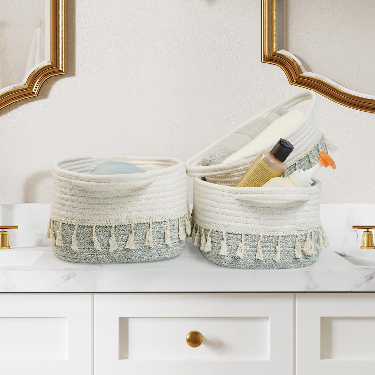 danpinera Set di 3 Cestini Portaoggetti, Cestino Portaoggetti Intrecciato in Corda, Impilabile Organizer Fasciatoio, Cesto Portaoggetti Ceste Portaoggetti per Bagno Cestino Boemo, Bianco e Verde