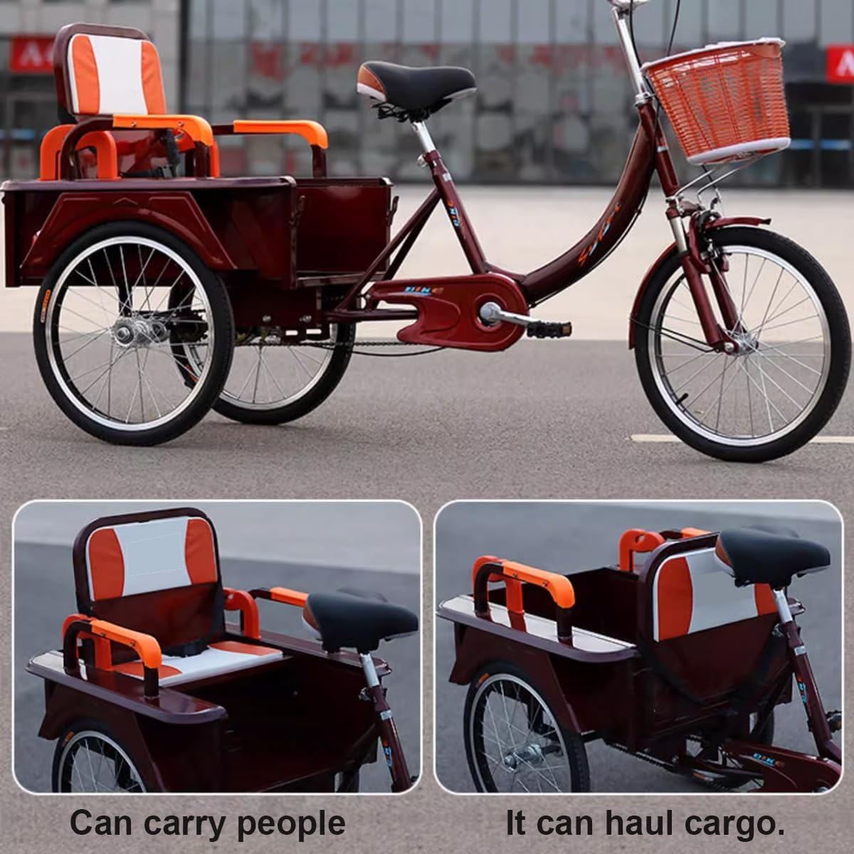 Cargo Trike with Basket,20 Inchs Single Speed Cruiser Trike with Large Basket, Heavy Duty 3 Wheel Bike for Adult, Easy to Assemble Safe Tricycle, for Recreation, Shopping(Blue,Single Chain)