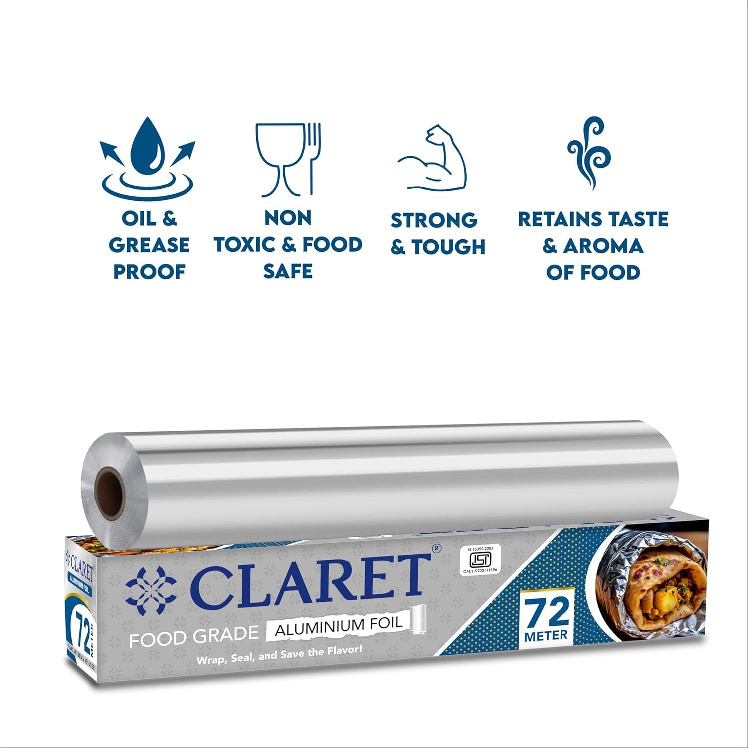 Claret Aluminium Foil 72 Meter | Food-Grade, Extra Strong & Durable | Retains Freshness & Keeps Food Warm | Ideal for Wrapping, Baking, Grilling & Storing Food (Pack of 1) - Image 3 thumbnail